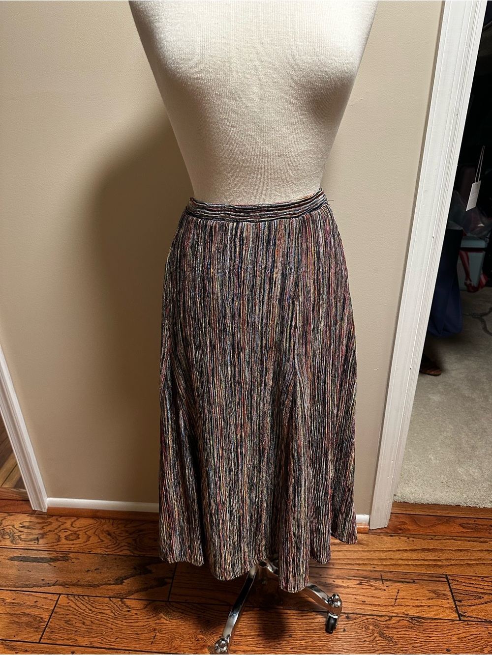 Maeve Multistripe Pleated Midi Skirt in Black with Multicolor Flecks